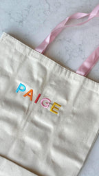 Embroidered Kids Name Tote Bag, Personalized Canvas Daycare Bag, Custom Name Kids Tote Bag