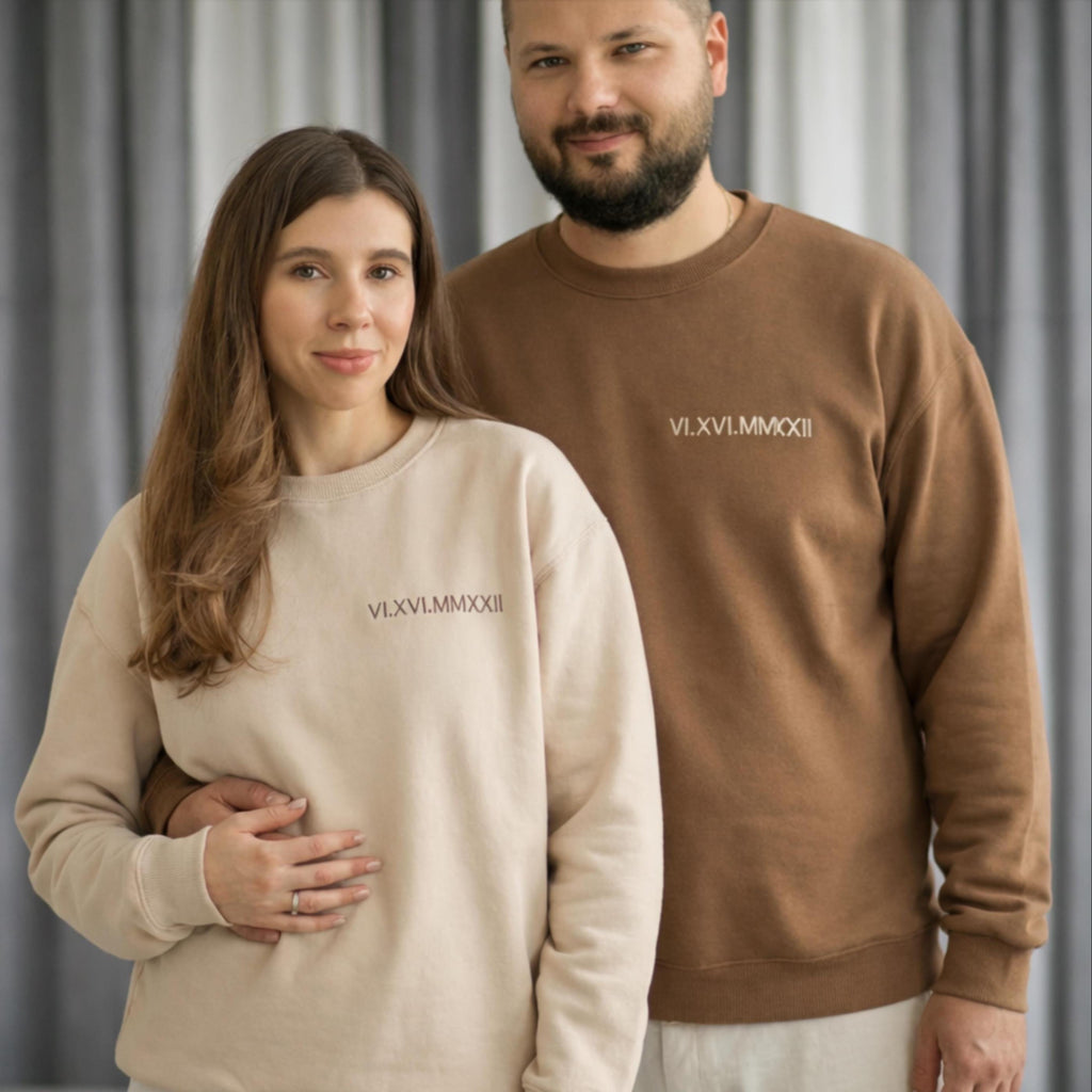 Custom Embroidered Roman Numeral Sweater, Couple Matching Sweaters, Wedding Gift, Anniversary Gift for Her, Wedding Day Data Sweatshirt